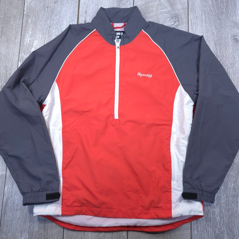 FootJoy Golf Jacket Mens Medium Red Grey 1/4 Zip Windbreaker Byrncliff Logo